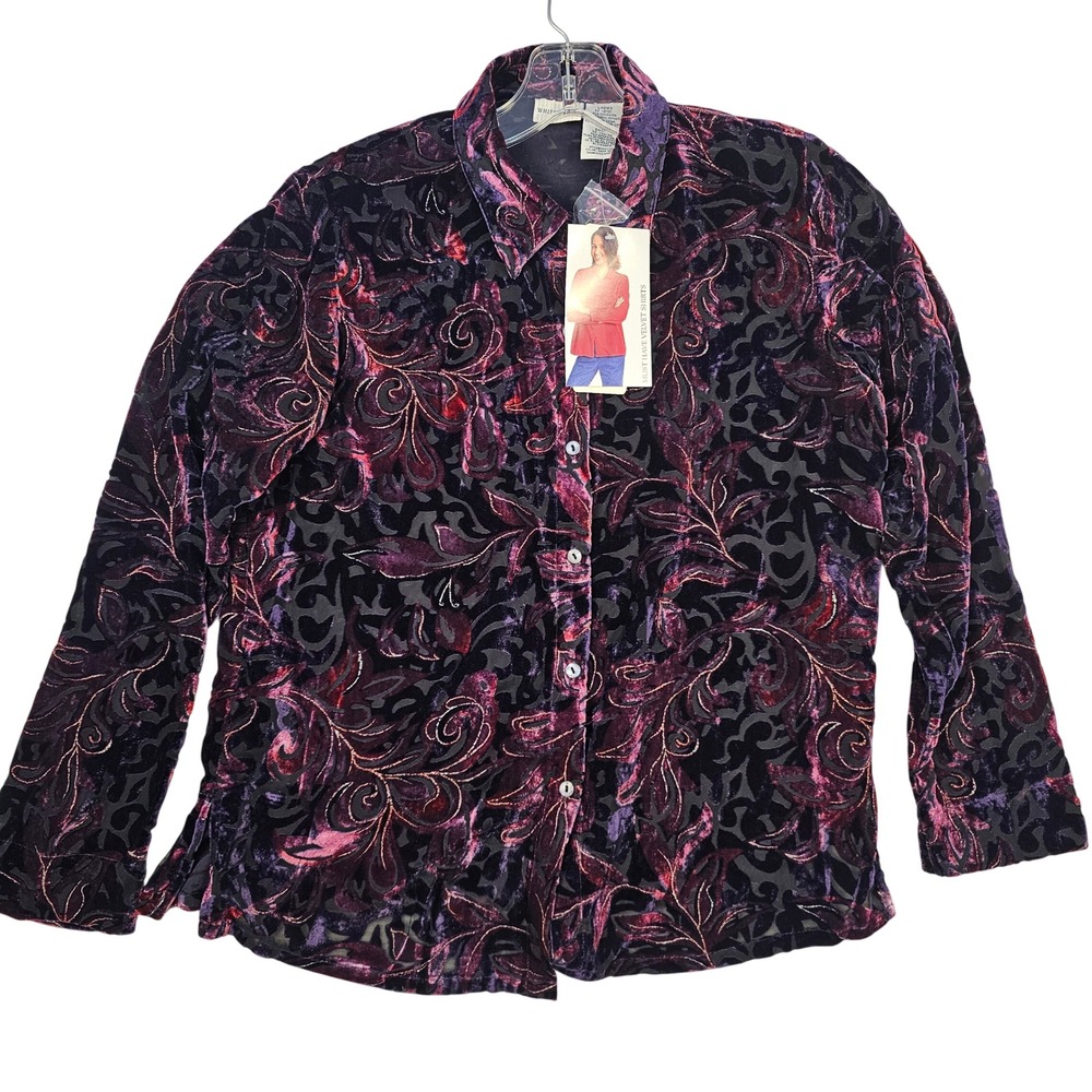 White Stag Womens Medium Burnout Velvet Button Front Shirt Plum Purple Floral M
